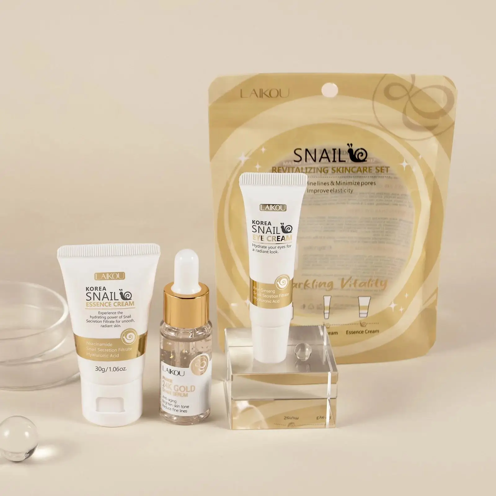 Luxury Gold Skincare - 24Kゴールドスネイルリペアセラムアイクリームエッセンスセット 保湿、小じわを滑らかに、毛穴を小さくする 高級スキンケア