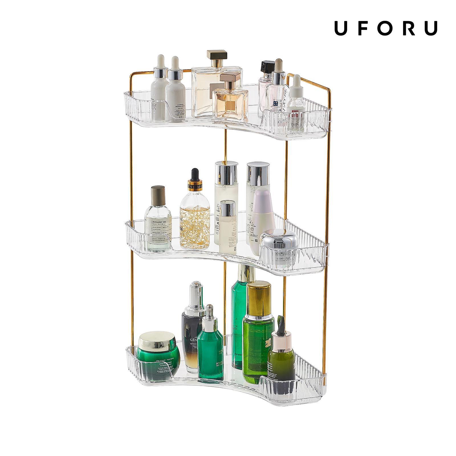 Luxury Gold Skincare - 3段クリアバスルームオーガナイザー、コーナーカウンター収納棚、高級化粧品香水メイクアップトレイ、スキンケアディスプレイスタンドラック、ゴールドメタルポール付き、洗面台キッチンデスクトップスペース節約用